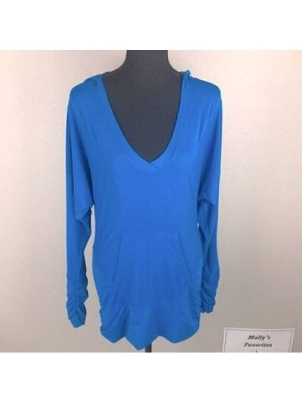 Zella Blue Pullover Active Hoodie Top V-Neck Long Sleeve Pocket Athleisure S